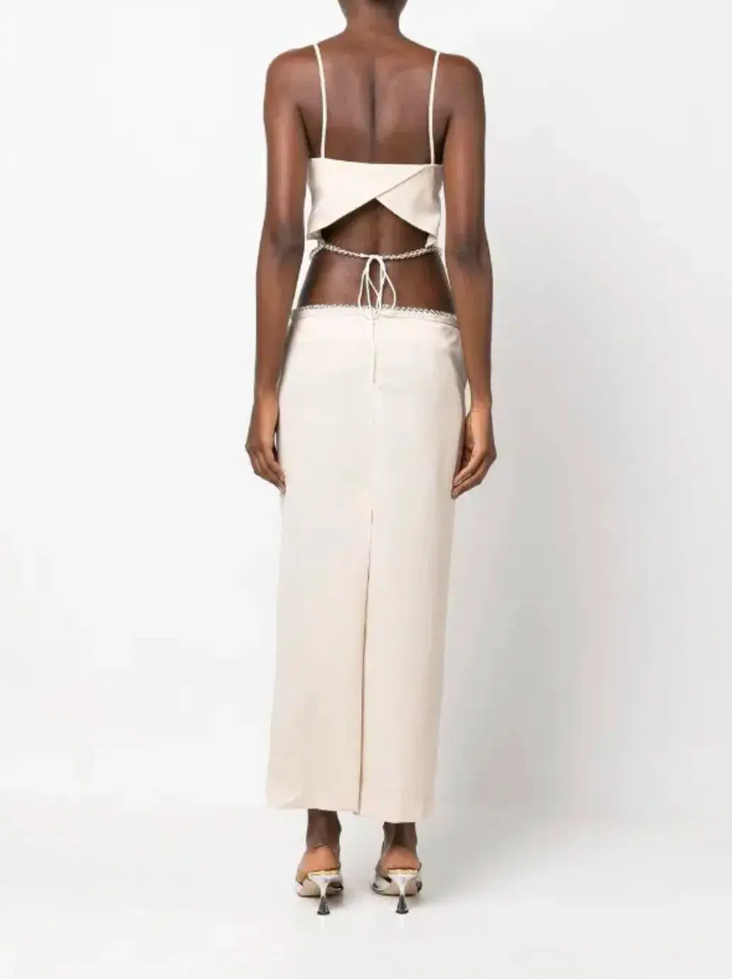 Christopher Esber Crochet Glass Pearl Tie Dress Beige Size 12 for rent on The Volte - main image