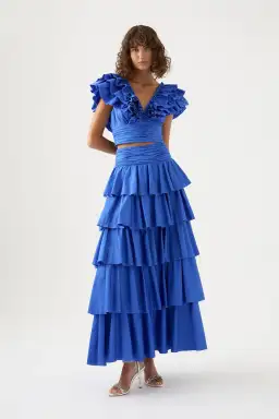 Aje Rhytmic Frill Bodice and Eleni Tiered Maxi Skirt Eleni Set Blue Size 10-12