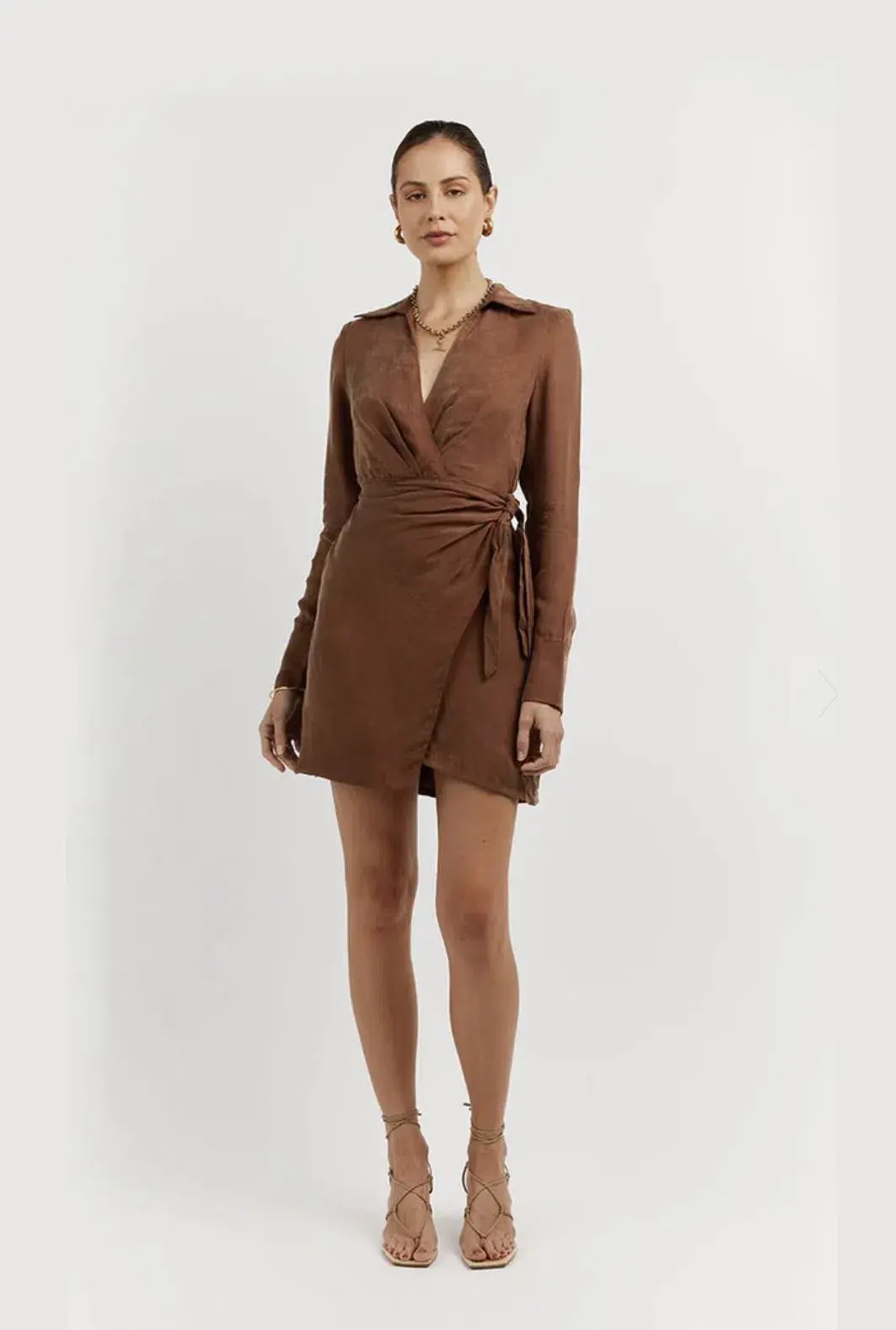 Dissh Sasha Tan Wrap Mini Dress Brown Size 6 for rent on The Volte - main image
