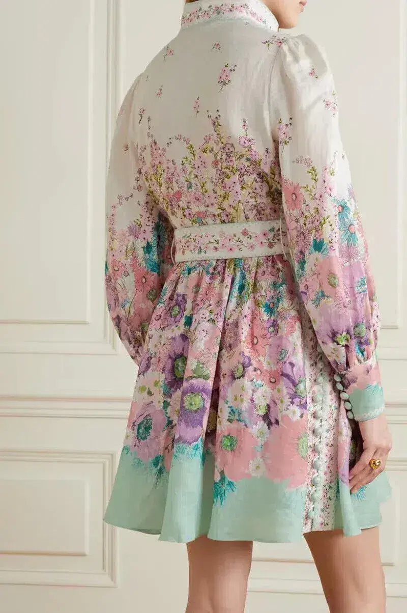 Zimmermann Jude Buttoned Mini Dress in Aqua Gradient Floral Size 0/Au 8 for rent on The Volte - main image