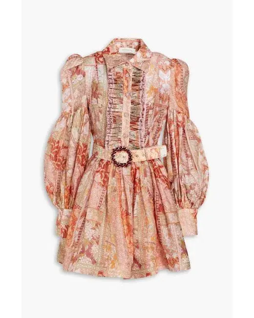 Zimmermann Belted Floral-print Linen And Silk-blend Mini Shirt Dress Size 0/au 8 for rent on The Volte - main image