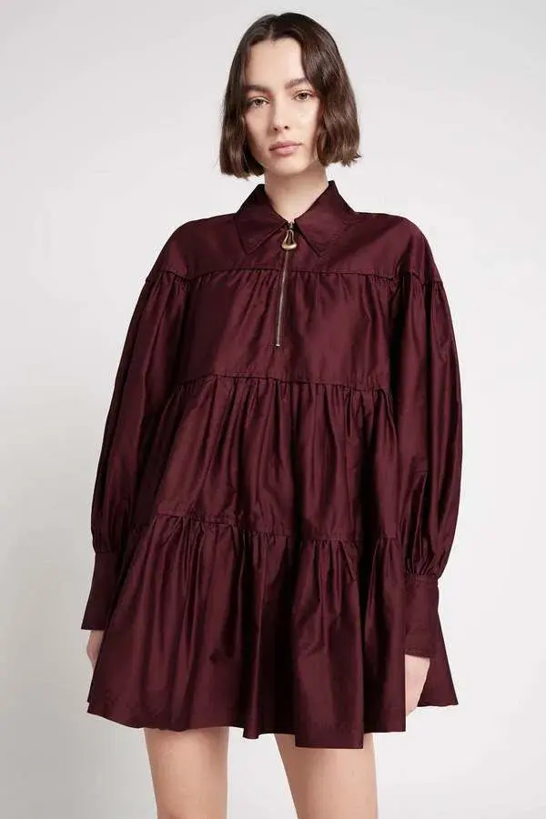 Aje Francis Zip Smock Mini Dress Chestnut Red Size 8 for rent on The Volte - main image