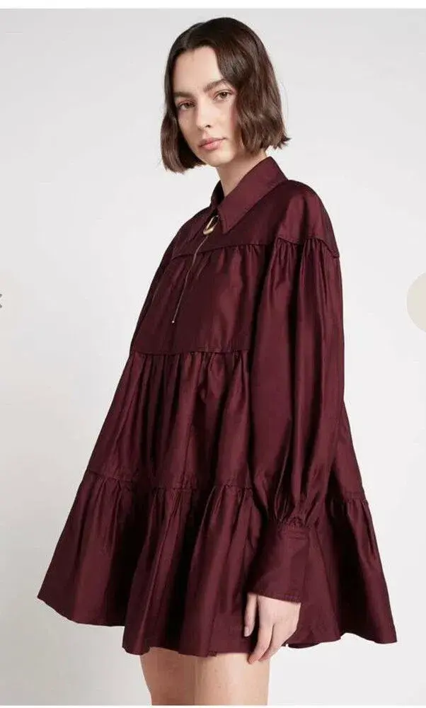 Aje Francis Zip Smock Mini Dress Chestnut Red Size 8 for rent on The Volte - main image