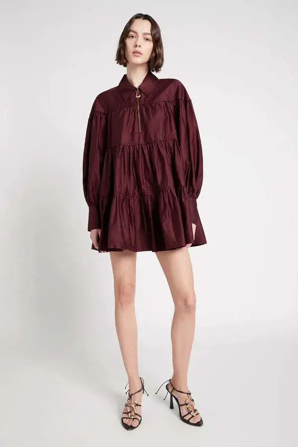Aje Francis Zip Smock Mini Dress Chestnut Red Size 8 for rent on The Volte - main image