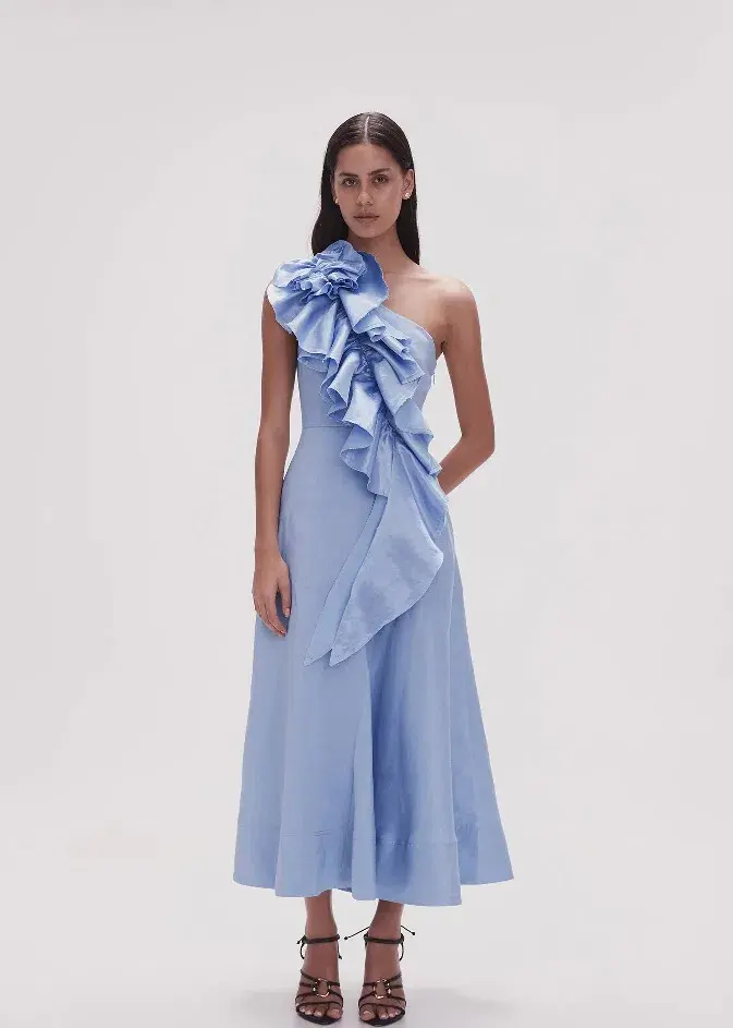 Aje Adelia Ruffle Midi Dress Blue Size 12 for rent on The Volte - main image