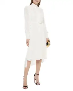 Zimmermann Belted Button Detailed Plisse Chiffon Midi Dress Pearl Size 1 / AU 10