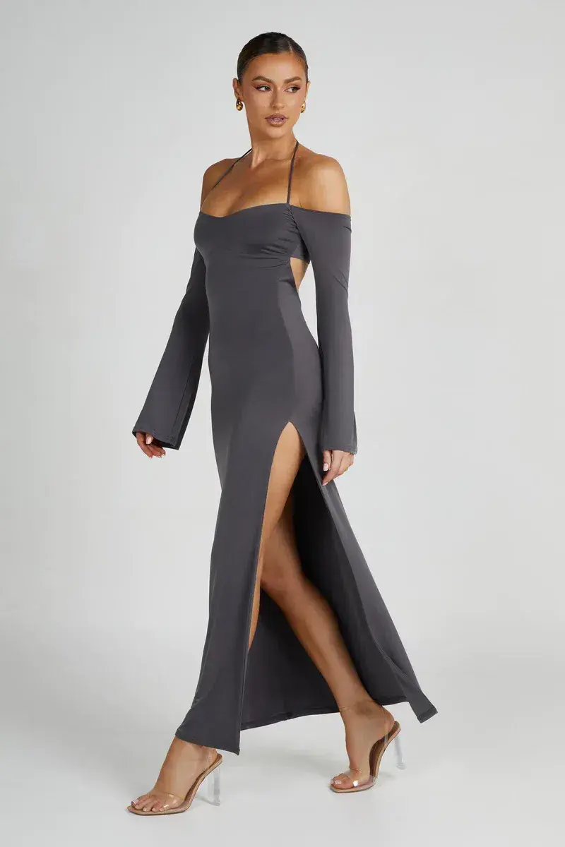 Meshki Slinky Off Shoulder Maxi Dress in Charcoal Grey Size 8 - Image 2