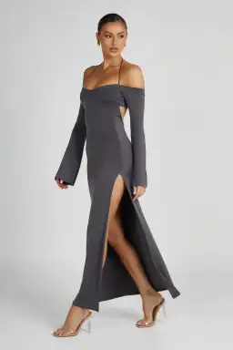 Meshki Slinky Off Shoulder Maxi Dress in Charcoal Grey Size 8 for rent on The Volte - image 2