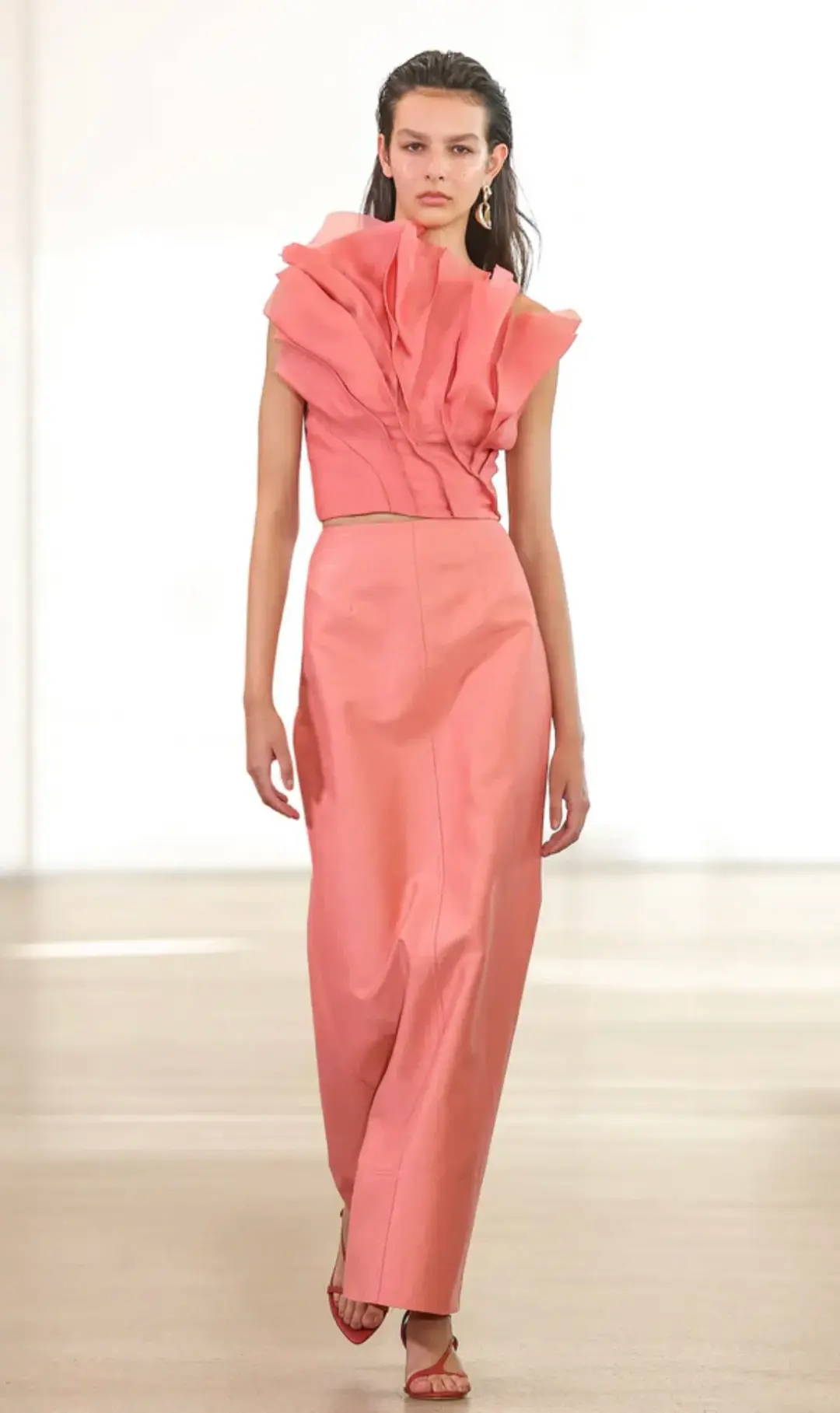Aje Flame Crop Top and Mary Column Maxi Skirt Set in Guava Pink Size 10 for rent on The Volte - main image