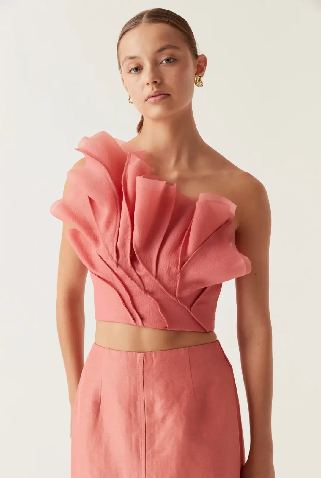 Aje Flame Crop Top and Mary Column Maxi Skirt Set in Guava Pink Size 10 for rent on The Volte - main image