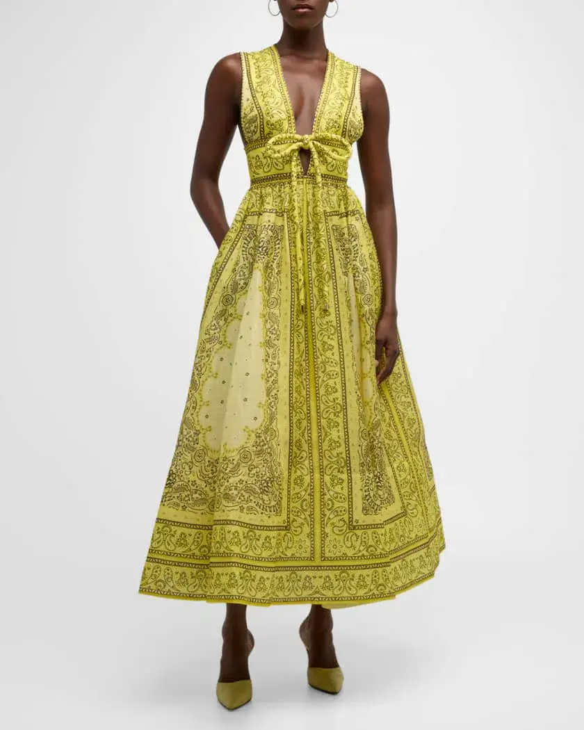 Zimmermann The Matchmaker Bow Long Dress in Yellow Bandana Size 1/Au 10 for rent on The Volte - main image
