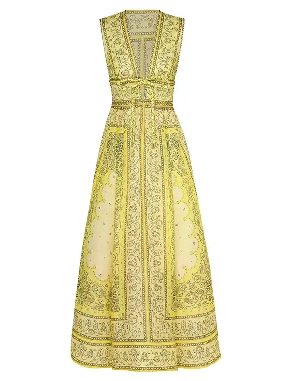 Zimmermann The Matchmaker Bow Long Dress in Yellow Bandana Size 1/Au 10 for rent on The Volte - main image