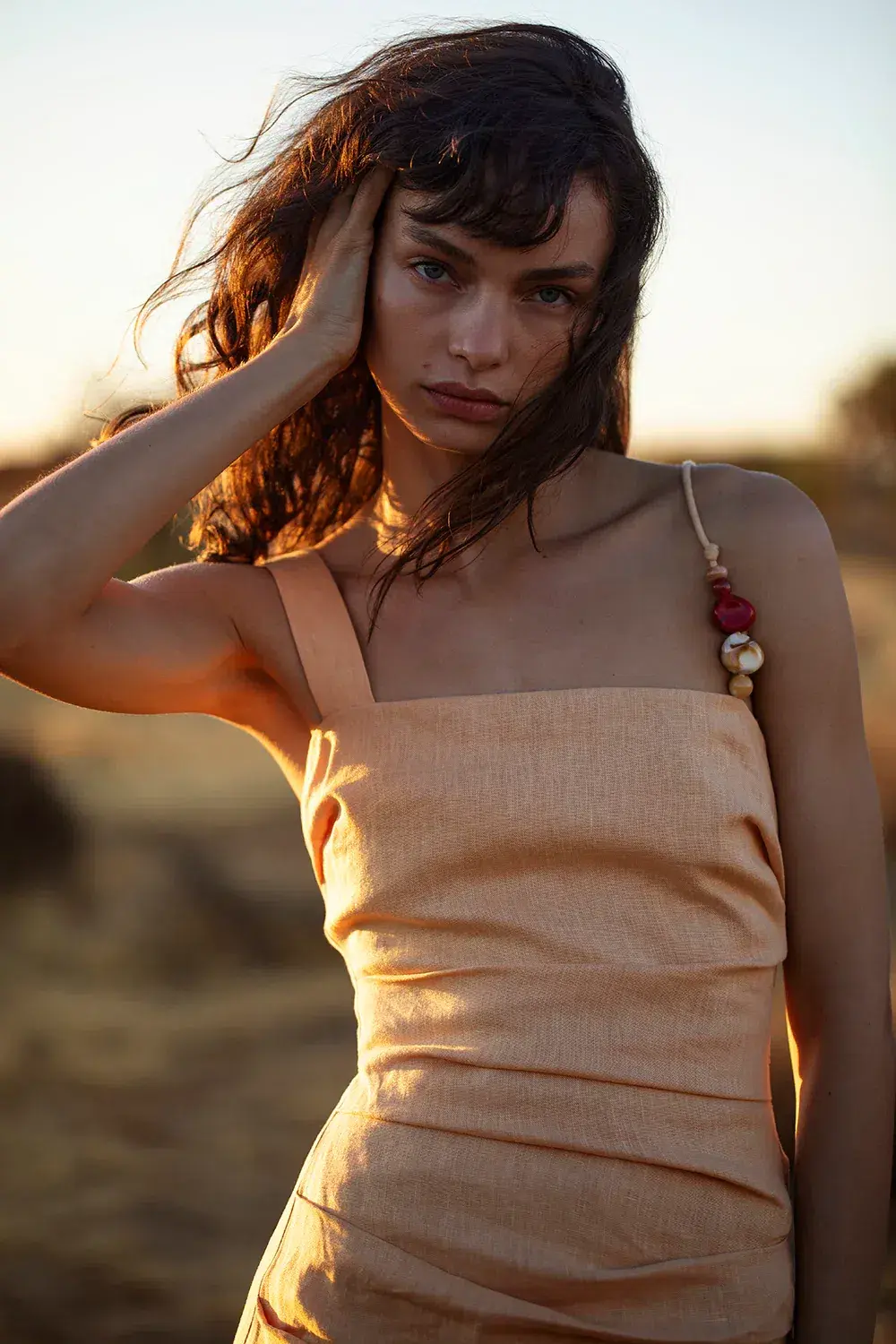 Sir The Label Antonia Beaded Midi Dress Light Tan Orange Size 1 / AU 8 for rent on The Volte - main image