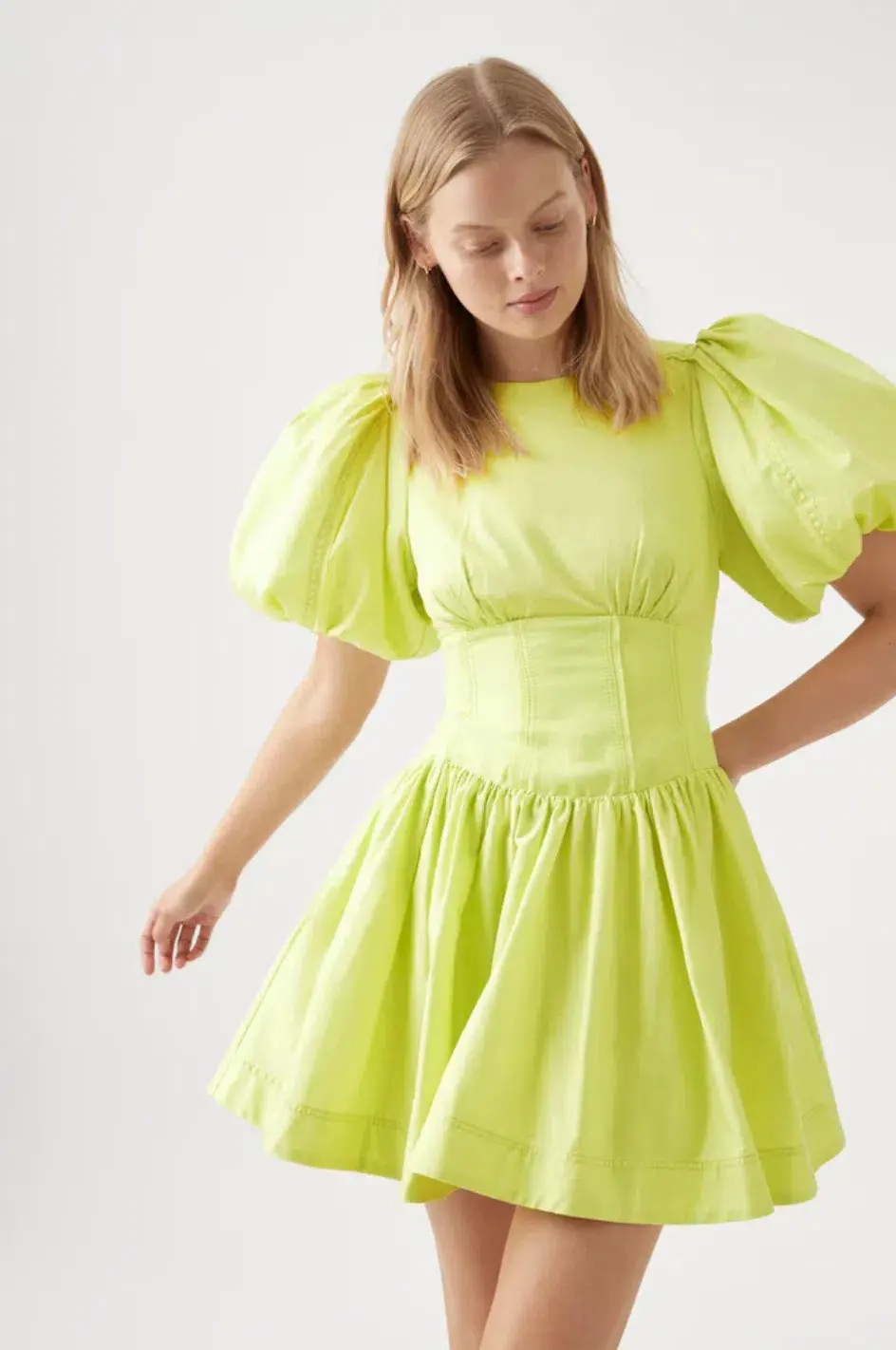 Aje Gianna Puff Sleeve mini dress in Light Lemon Size 6 for rent on The Volte - main image