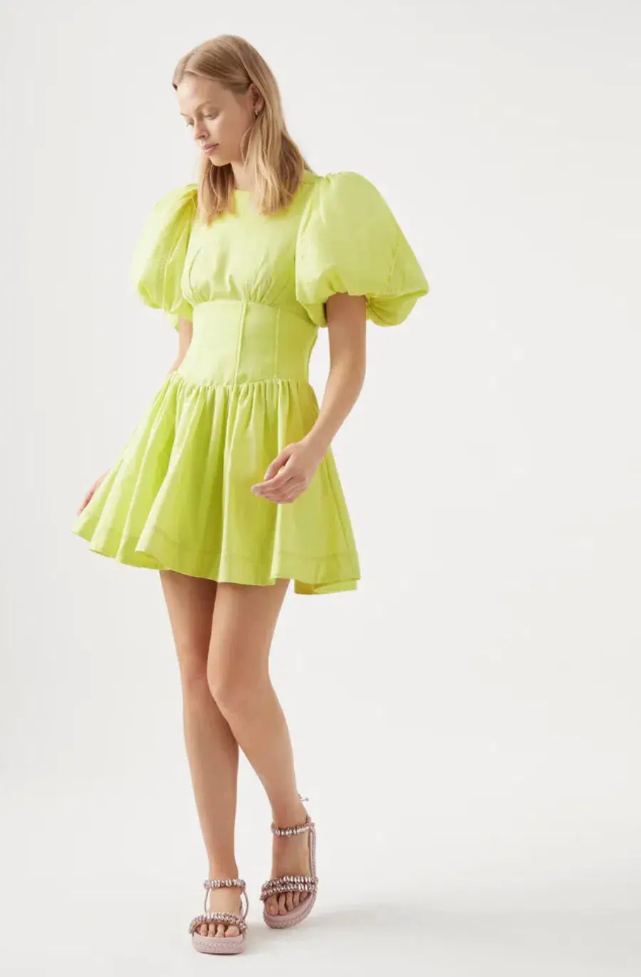 Aje Gianna Puff Sleeve mini dress in Light Lemon Size 6 for rent on The Volte - main image