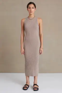 Bec & Bridge Lyla Knit Midi Dress in Fawn Size AU 6
