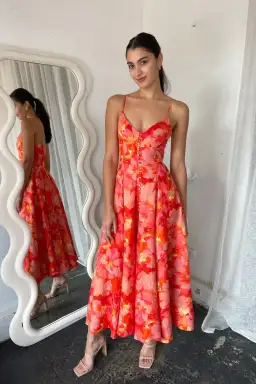 Sofia The Label Evie Midi Dress Red/Pink Floral Size 6