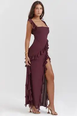House of CB Ariela Ruffle Maxi Dress in Mulberry Size S/ AU 8 for rent on The Volte - image 2