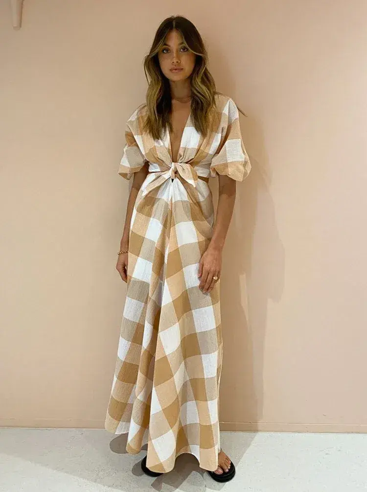 Significant Other Frida Dress In Caramel Check Print Size AU 6 for rent on The Volte - main image