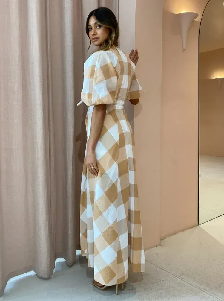 Significant Other Frida Dress In Caramel Check Print Size AU 6 for rent on The Volte - main image