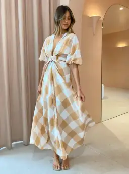 Significant Other Frida Dress In Caramel Check Print Size AU 6 for rent on The Volte - image 1