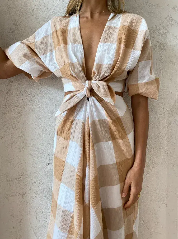 Significant Other Frida Dress In Caramel Check Print Size AU 6 for rent on The Volte - main image