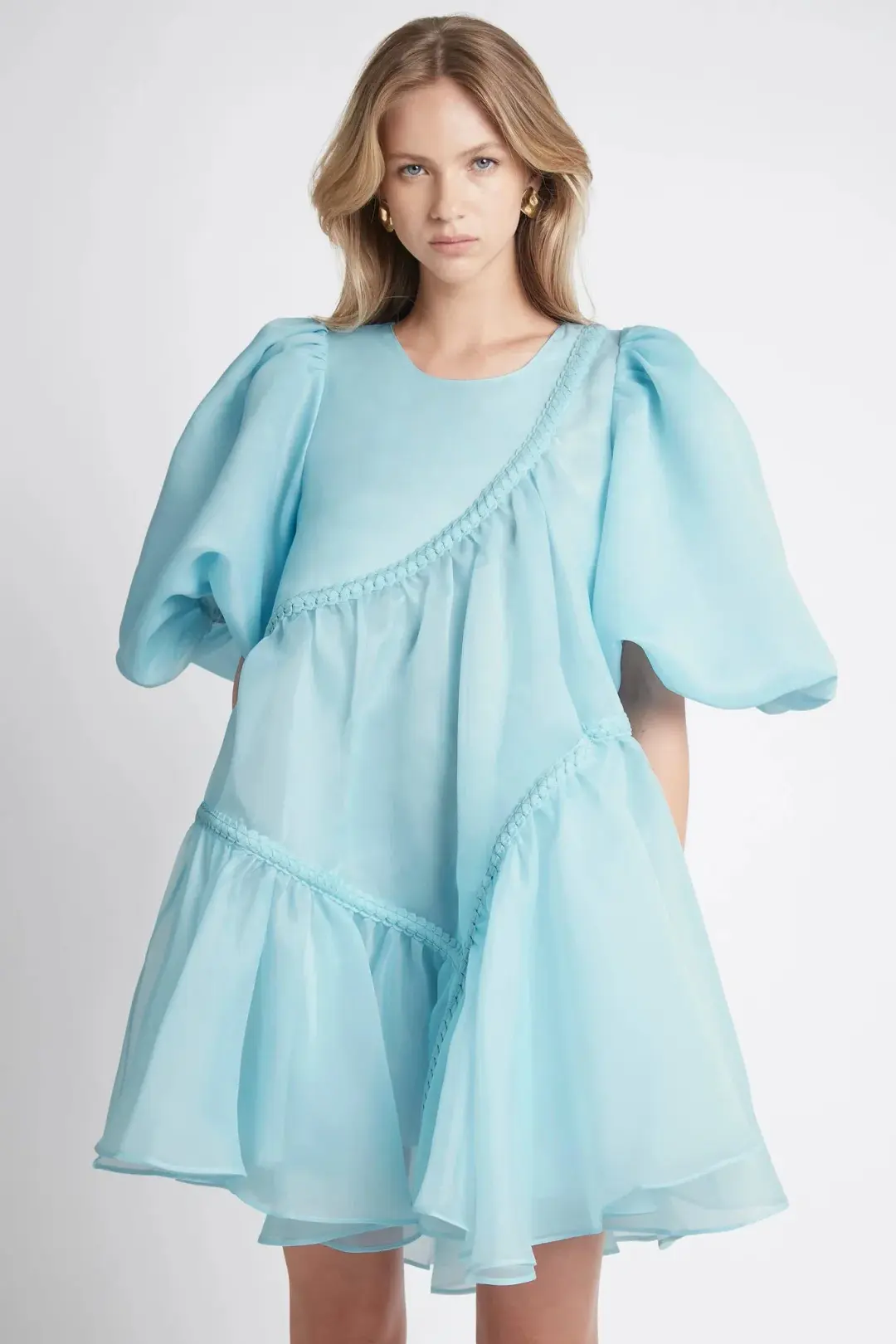 Aje Riviera Assymmetric Braided Puff Sleeve Smock Dress in Ice Blue Size AU 8 for rent on The Volte - main image