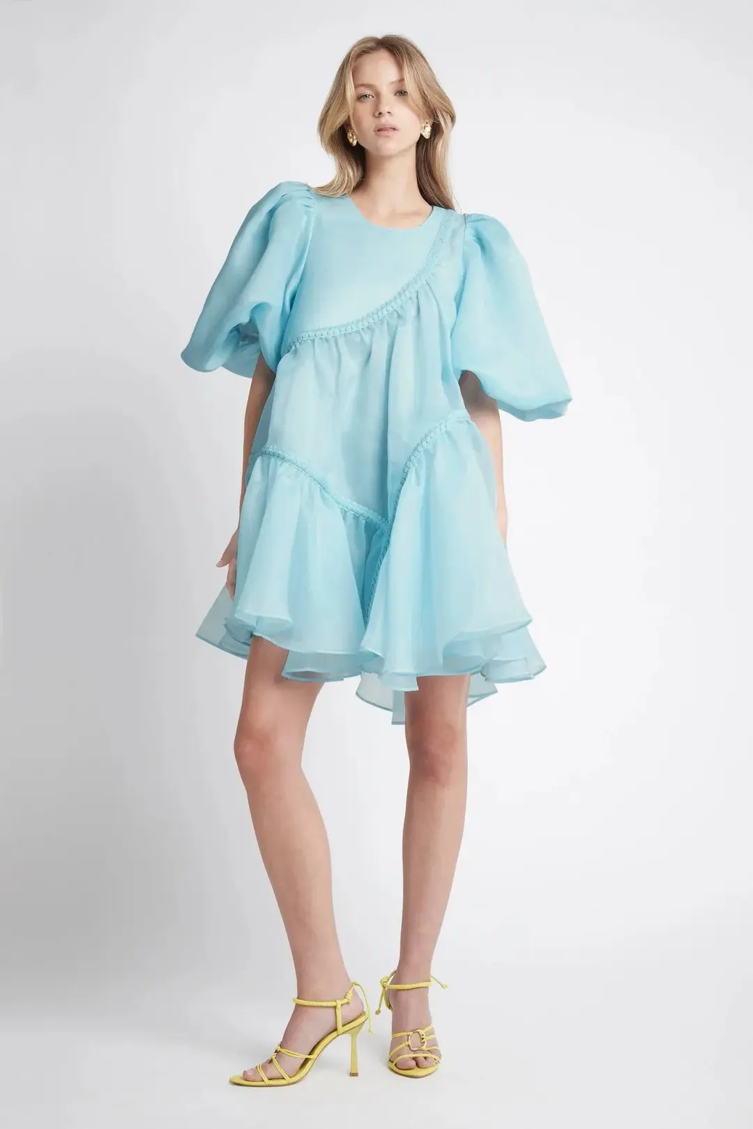 Aje Riviera Assymmetric Braided Puff Sleeve Smock Dress in Ice Blue Size AU 8 for rent on The Volte - main image