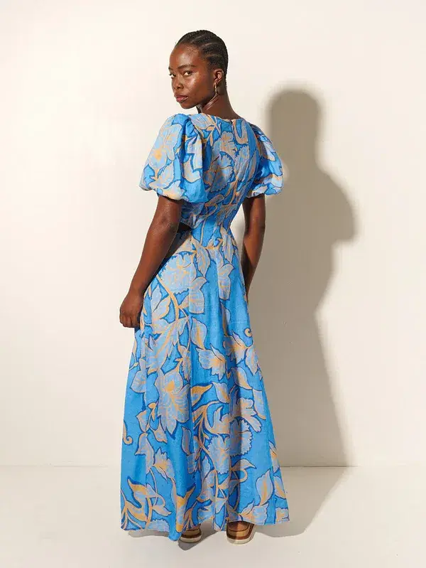 Kivari Taniana Cut Out Maxi Dress Blue Floral Size 12 for rent on The Volte - main image