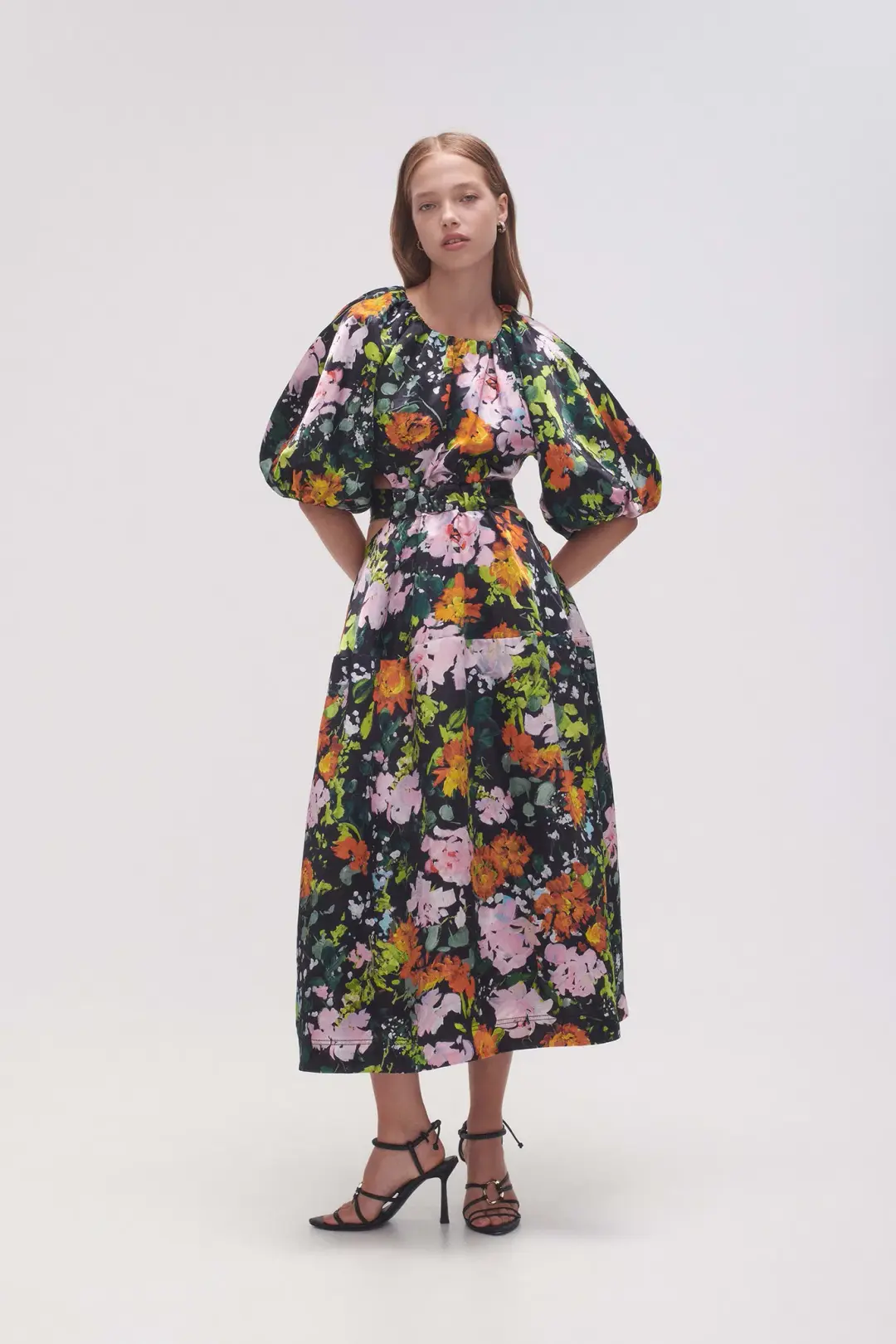 Aje Mimosa Cutout Midi Dress Midnight Floral Size 4 for rent on The Volte - main image