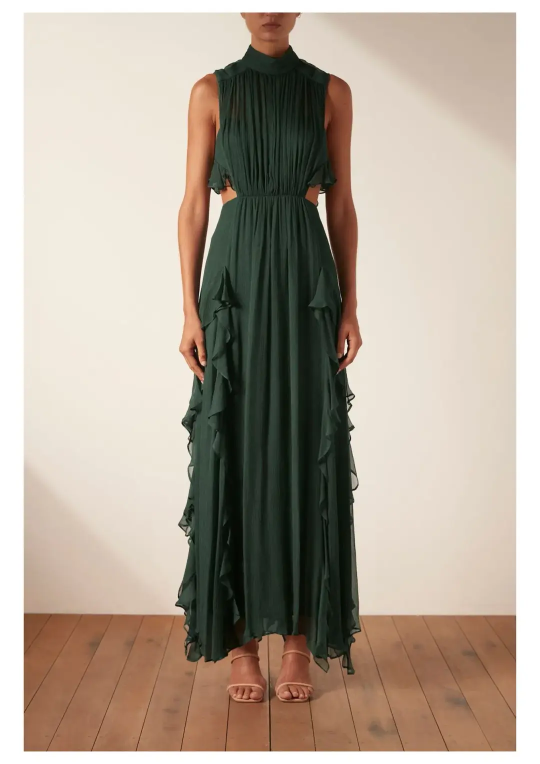 Shona Joy Lèonie Backless Frill Maxi Dress in Rosemary Green Size 6 for rent on The Volte - main image