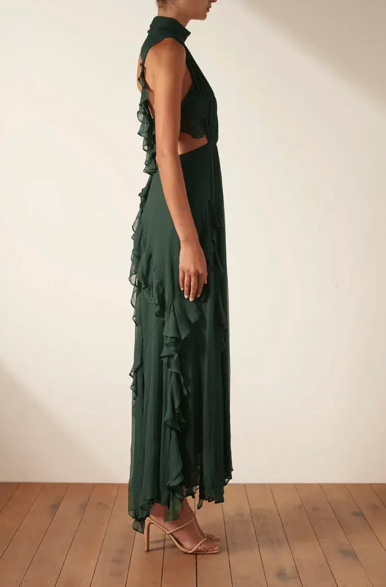 Shona Joy Lèonie Backless Frill Maxi Dress in Rosemary Green Size 6 for rent on The Volte - main image