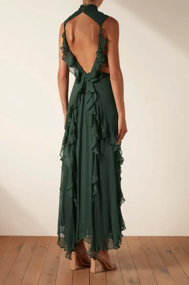 Shona Joy Lèonie Backless Frill Maxi Dress in Rosemary Green Size 6 for rent on The Volte - main image