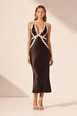 Shona Joy Camille Lace Cross Back Midi Dress in Black/Ivory Size 8 for rent on The Volte - image 1