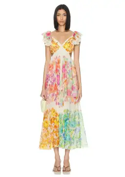Zimmermann Raie Frill Shoullder Midi Dress Multi Floral Size 1 / AU 10