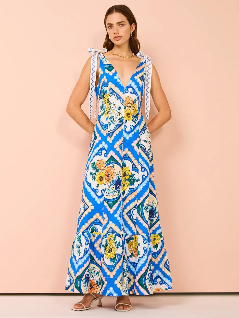 By Nicola Adoncia Tie Shoulder Maxi Dress in Azure Floral Size 14 for rent on The Volte - main image