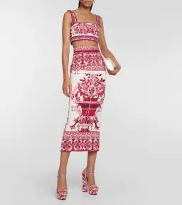 Dolce & Gabbana Majolica Top and Silk Blend Midi Skirt in Red Set Size 10