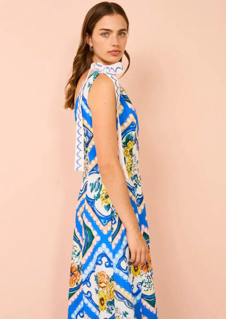 By Nicola Adocia Tie Shoulder Maxi Dress Azure Blue Floral Size 10 for rent on The Volte - main image