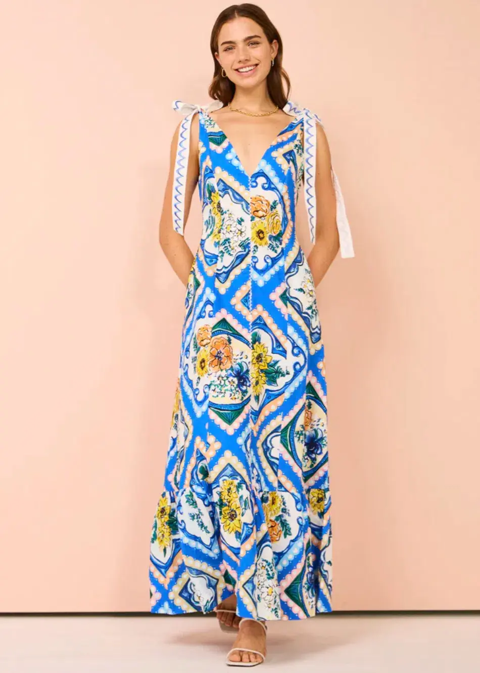 By Nicola Adocia Tie Shoulder Maxi Dress Azure Blue Floral Size 10 for rent on The Volte - main image