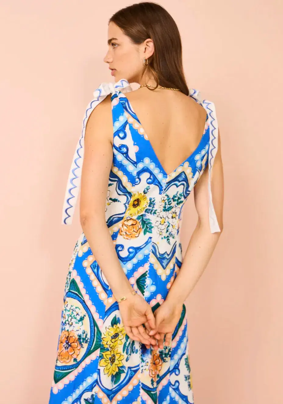 By Nicola Adocia Tie Shoulder Maxi Dress Azure Blue Floral Size 10 for rent on The Volte - main image