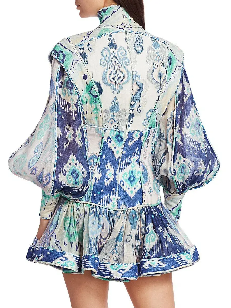 Zimmermann Glassy Long Sleeve Mini Dress Spliced Blue Ikat Size 0 / 8 AU for rent on The Volte - main image