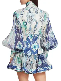 Zimmermann Glassy Long Sleeve Mini Dress Spliced Blue Ikat Size 0 / 8 AU for rent on The Volte - image 2