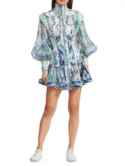 Zimmermann Glassy Long Sleeve Mini Dress Spliced Blue Ikat Size 0 / 8 AU for rent on The Volte - image 1