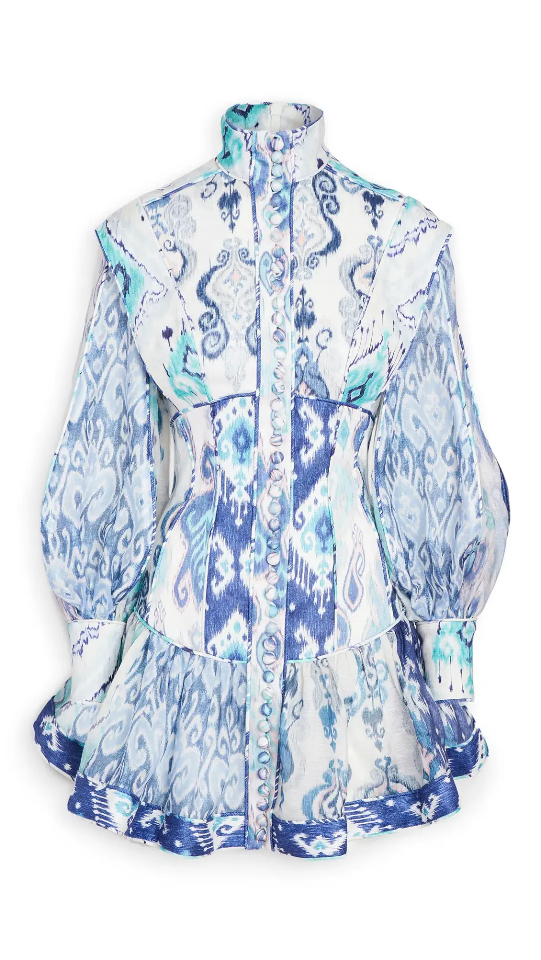 Zimmermann Glassy Long Sleeve Mini Dress Spliced Blue Ikat Size 0 / 8 AU for rent on The Volte - main image