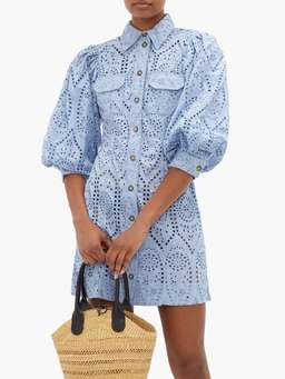 Ganni Balloon-sleeve broderie anglaise mini shirt dress
