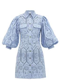 Ganni Balloon-sleeve broderie anglaise mini shirt dress