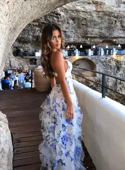 Menti Santorini Iris Flower Maxi Dress Blue Roses Chiffon Print Size L / AU 12 for rent on The Volte - image 4