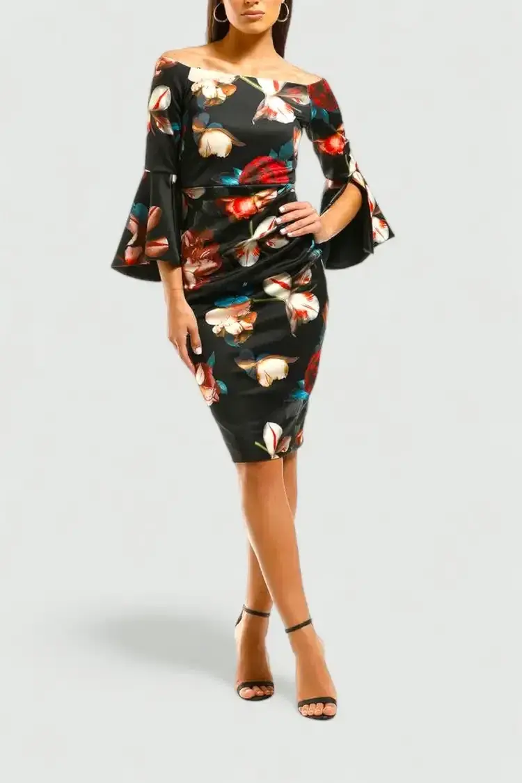 Montique Petra Printed Scuba Dress in Black Floral Size 8 - Image 1
