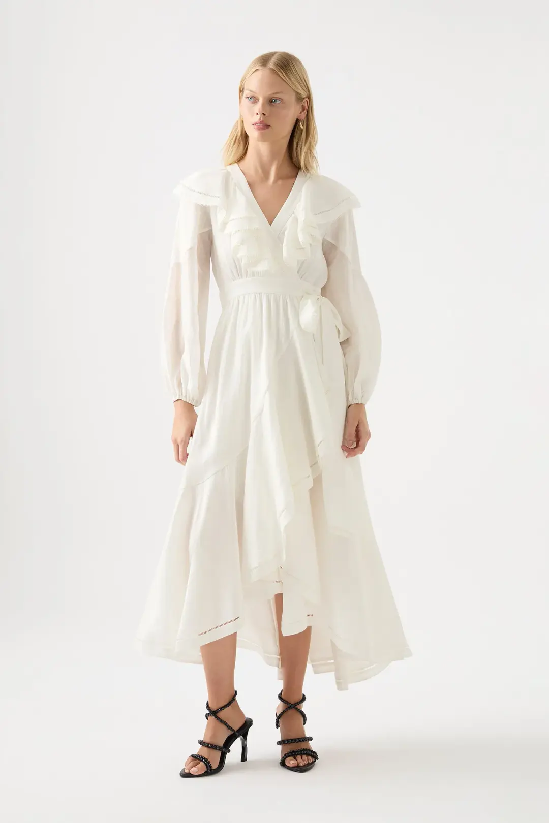 Aje Zoe Ruffle Wrap Midi Dress in Ivory Size 8 for rent on The Volte - main image