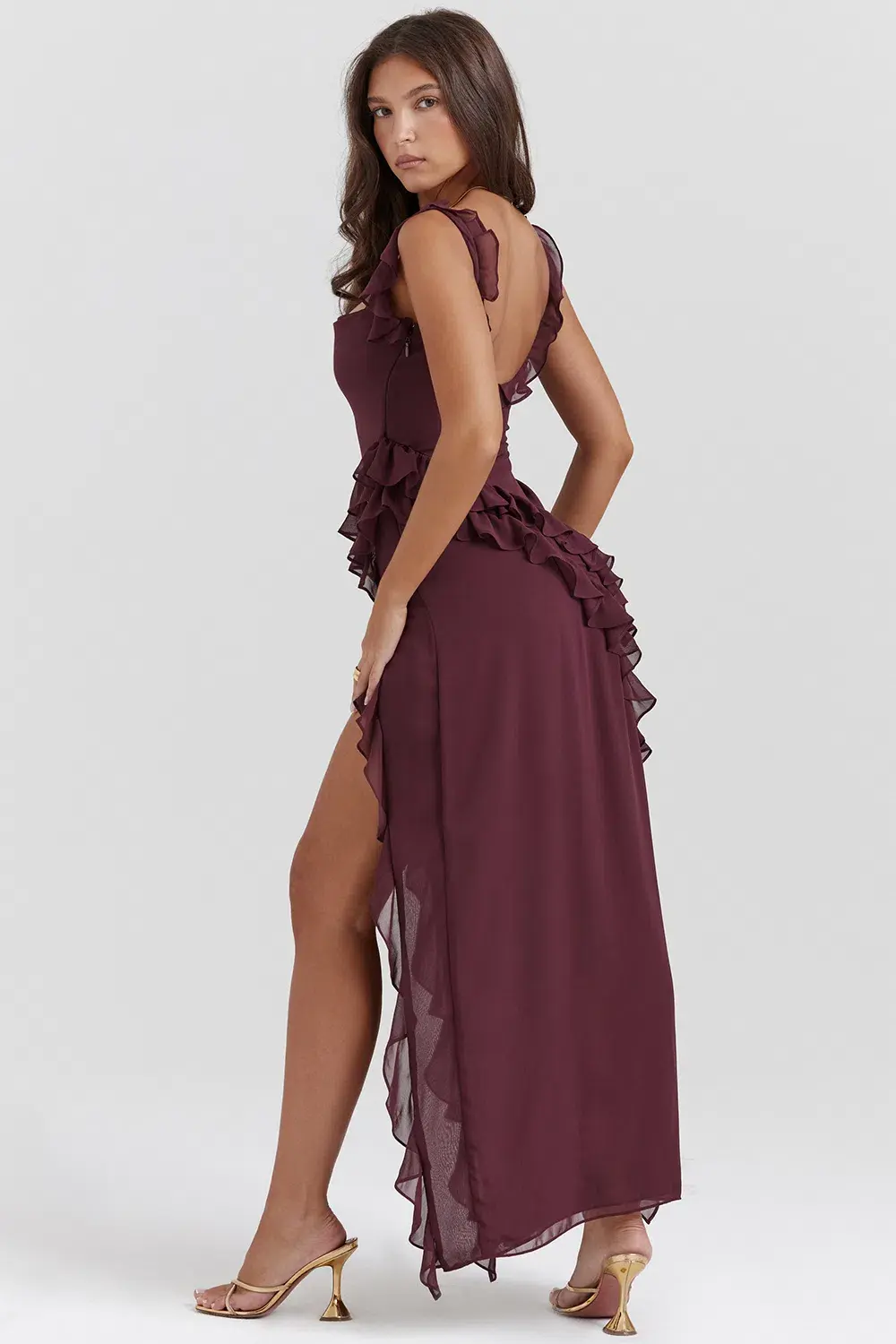 House of CB Ariela Mulberry Ruffle Maxi Dress Burgundy Size M/ AU 10-12 for rent on The Volte - main image